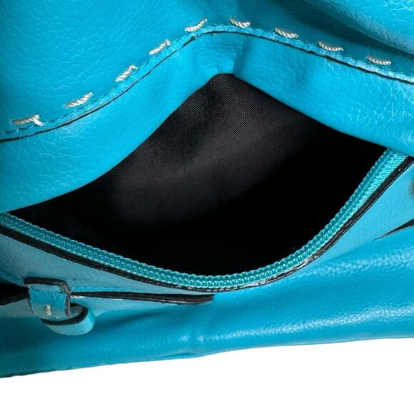 Turquoise Faux Leather Shoulder Bag with Silvertone Hardware - Picture 3 of 13